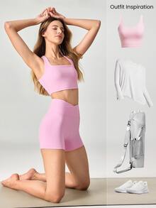 GLOWMODE 4.3" FeatherFit™ Crossover Anti-Slip Biker Shorts With Built-In Seamless Shorts Low Impact Yoga Pilates Daily Gym - Bubblegum Pink - View 7