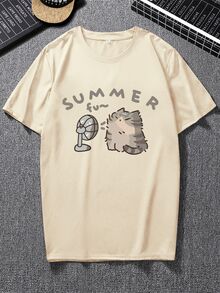 HypeHours Men's Summer Cartoon Cat Printed Round Neck Loose Casual T-Shirt With Drop Shoulder Sleeves - Khaki - View 4