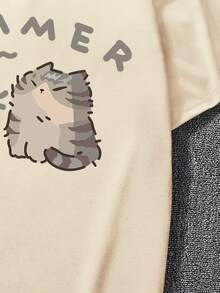 HypeHours Men's Summer Cartoon Cat Printed Round Neck Loose Casual T-Shirt With Drop Shoulder Sleeves - Khaki - View 5