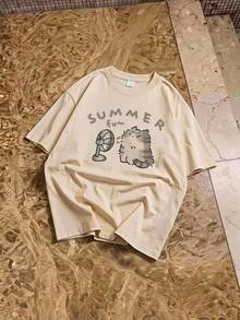 HypeHours Men's Summer Cartoon Cat Printed Round Neck Loose Casual T-Shirt With Drop Shoulder Sleeves - Khaki - View 1