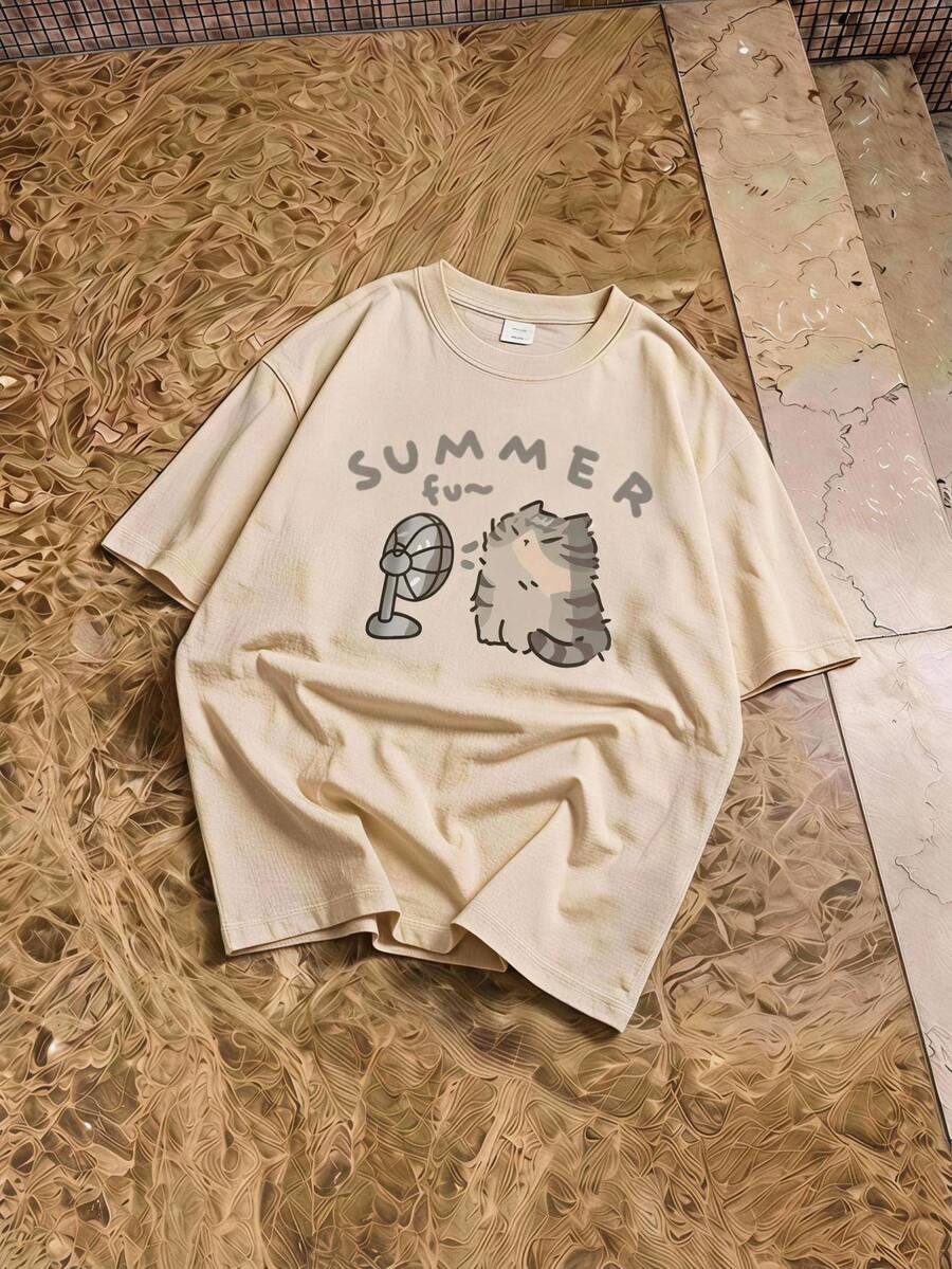 HypeHours Men's Summer Cartoon Cat Printed Round Neck Loose Casual T-Shirt With Drop Shoulder Sleeves - Khaki - View 1