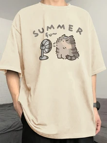 HypeHours Men's Summer Cartoon Cat Printed Round Neck Loose Casual T-Shirt With Drop Shoulder Sleeves - Khaki - View 8
