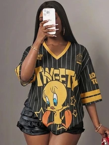 Slaydiva LOONEY TUNES X SHEIN 女士休闲简约字母数字图案T恤，适合夏季穿着 - 彩色 - 查看 3