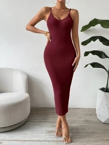 SHEIN Clasi Vestido de punto acanalado ajustado sin mangas casual para mujer - Rojo - Ver 5
