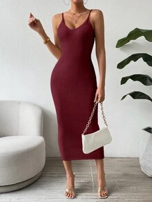 SHEIN Clasi Vestido de punto acanalado ajustado sin mangas casual para mujer - Rojo - Ver 7