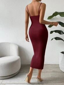 SHEIN Clasi Vestido de punto acanalado ajustado sin mangas casual para mujer - Rojo - Ver 2