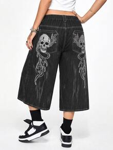 ROMWE Grunge Punk Dark Punk Plus Size Women's Denim Shorts Skull Print Wide Leg 7-Point Pants Street Rock Outfit Halloween - Black - View 1