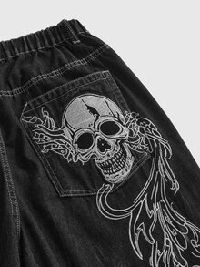 ROMWE Grunge Punk Dark Punk Plus Size Women's Denim Shorts Skull Print Wide Leg 7-Point Pants Street Rock Outfit Halloween - Black - View 3