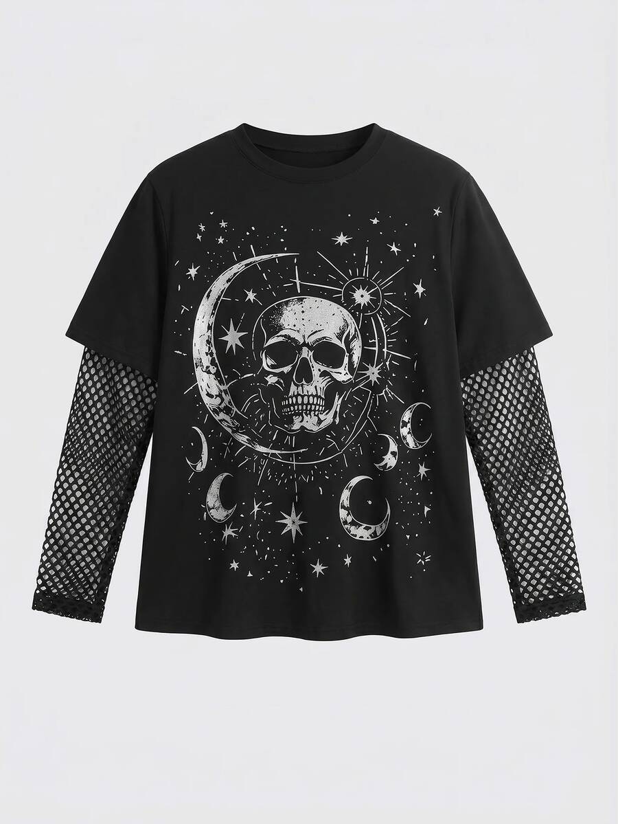 ROMWE Goth 深色哥德風骷髏星星月亮印花網布拼接大尺碼女款寬鬆T恤 - 黑色 - 查看 1