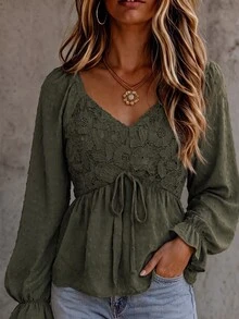 LanaWest Women's Spring/Autumn Bohemian Army Green V-Neck Chest Patchwork Crochet Hollow Water-Soluble Lace Ruffle Tie Western Casual Country Style Blouse - Army Green - View 1