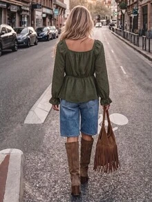 LanaWest Women's Spring/Autumn Bohemian Army Green V-Neck Chest Patchwork Crochet Hollow Water-Soluble Lace Ruffle Tie Western Casual Country Style Blouse - Army Green - View 2