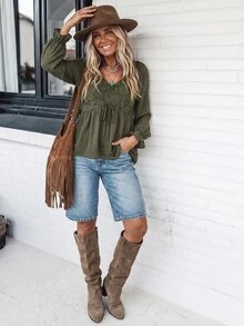 LanaWest Women's Spring/Autumn Bohemian Army Green V-Neck Chest Patchwork Crochet Hollow Water-Soluble Lace Ruffle Tie Western Casual Country Style Blouse - Army Green - View 6