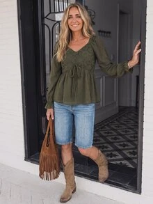 LanaWest Women's Spring/Autumn Bohemian Army Green V-Neck Chest Patchwork Crochet Hollow Water-Soluble Lace Ruffle Tie Western Casual Country Style Blouse - Army Green - View 5