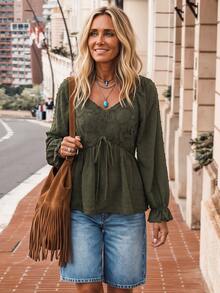 LanaWest Women's Spring/Autumn Bohemian Army Green V-Neck Chest Patchwork Crochet Hollow Water-Soluble Lace Ruffle Tie Western Casual Country Style Blouse - Army Green - View 7