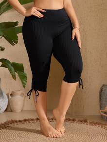 SHEIN Swim 大码女式纯色百搭休闲夏季海滩度假七分泳裤、比基尼泳裤 - 黑色 - 查看 2