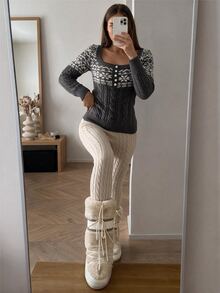 SHEIN ICON Women's Autumn/Winter Floral Pattern Button Design Long Sleeve Sweater - Brown - View 4
