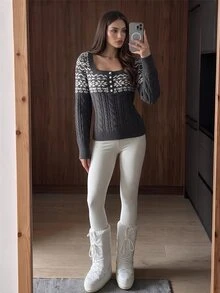 SHEIN ICON Women's Autumn/Winter Floral Pattern Button Design Long Sleeve Sweater - Brown - View 5