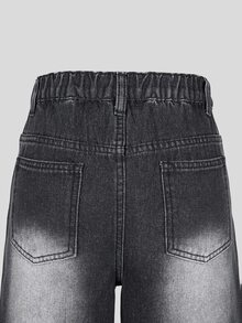 SHEIN Girls' Y2K New Style Shiny Rhinestone Embellished Denim Jeans, Fashionable Minimalist Casual Fit, Versatile Classic Elements, Soft Fabric Comfortable Wear, Easy-To-Match Loose Wide-Leg Washed Denim Long Pants - Black - View 6