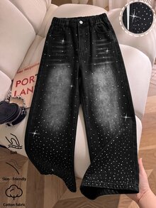 SHEIN Girls' Y2K New Style Shiny Rhinestone Embellished Denim Jeans, Fashionable Minimalist Casual Fit, Versatile Classic Elements, Soft Fabric Comfortable Wear, Easy-To-Match Loose Wide-Leg Washed Denim Long Pants - Black - View 3