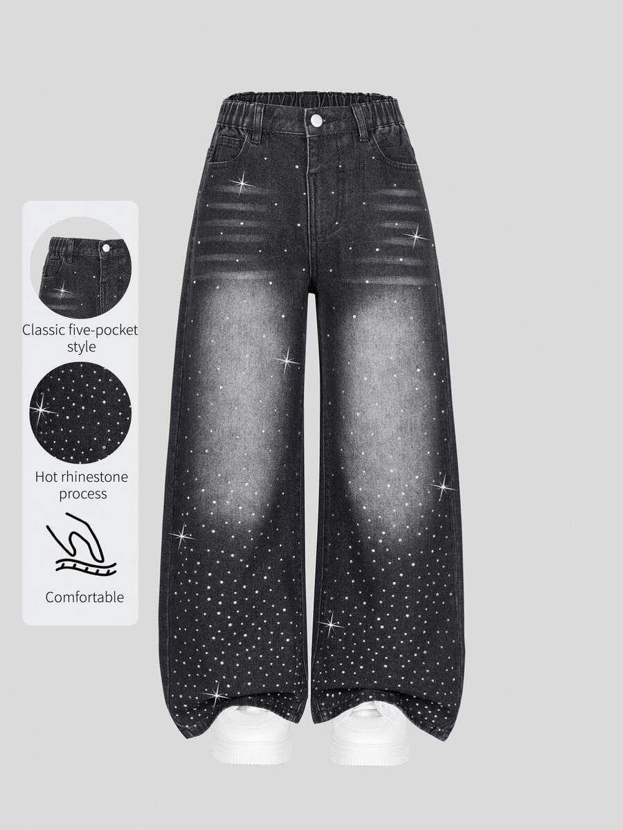 SHEIN Girls' Y2K New Style Shiny Rhinestone Embellished Denim Jeans, Fashionable Minimalist Casual Fit, Versatile Classic Elements, Soft Fabric Comfortable Wear, Easy-To-Match Loose Wide-Leg Washed Denim Long Pants - Black - View 1