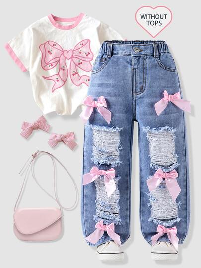 SHEIN Young Girl'Loose Straight Leg Jeans,Distressed Light Blue Streetwear,Sweet Pink Bow Decor,Multiple 3D Pockets,Versatile All Seasons Ripped Jeans,Blue