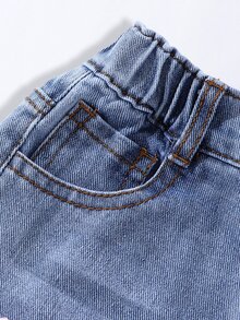 SHEIN 女童寬鬆直筒牛仔褲，水洗淺藍色街頭風牛仔女孩西式風格，甜美蝴蝶結裝飾，多個3D口袋，破洞牛仔褲，夏季 - 中等水洗藍 - 查看 6