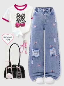 SHEIN Tween Girls Ripped Jeans Pink Blue Butterfly Summer Streetwear Cute School Back-To-School Sweet Y2K Light Denim Bow Embroidery Wide Leg - Light Wash - View 4