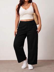 SHEIN ICON 大尺碼純色鈕扣寬鬆休閒傳統牛仔褲 女款 牛仔女郎風格 返校季 正式度假 黑色 - 黑色 - 查看 6