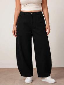 SHEIN ICON 大尺碼純色鈕扣寬鬆休閒傳統牛仔褲 女款 牛仔女郎風格 返校季 正式度假 黑色 - 黑色 - 查看 4