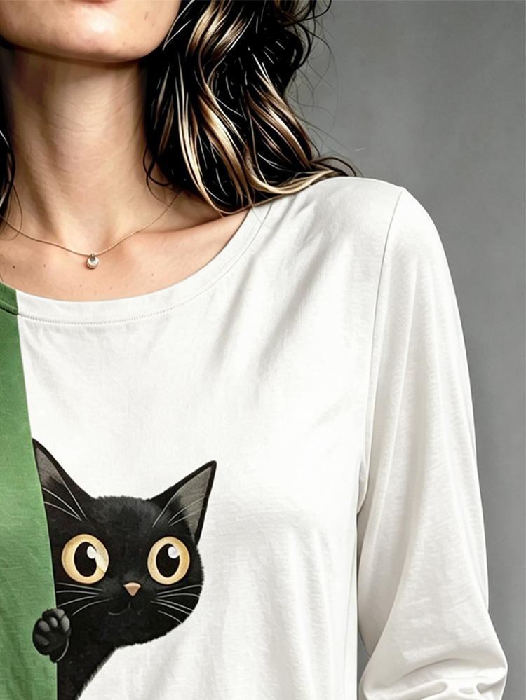 Bytebia Bytebia Women's Regular Fit Long Sleeve Crew Neck Top With Colorblock Digital Print Cat Design - Multicolor - View 3