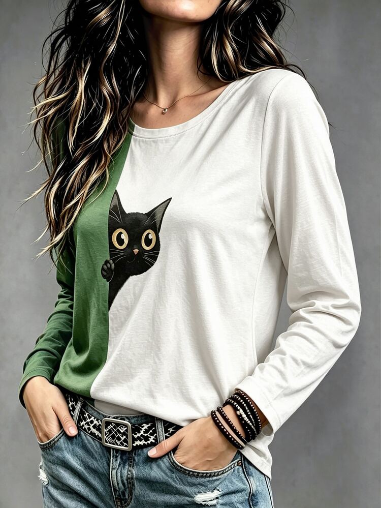 Bytebia Bytebia Women's Regular Fit Long Sleeve Crew Neck Top With Colorblock Digital Print Cat Design - Multicolor - View 4