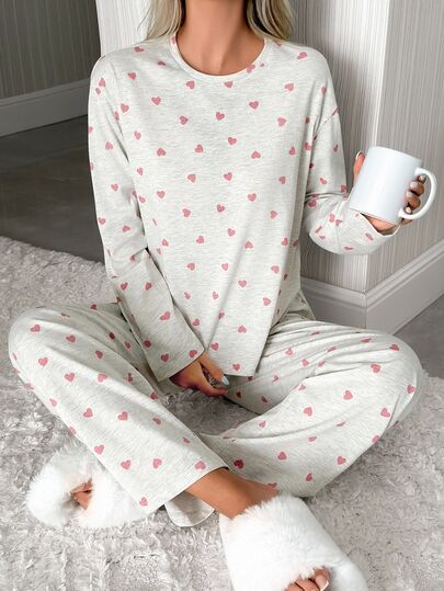SHEIN Tall TALL SIZE Cotton Women 2 Pcs Heart Pattern Round Neck Long Sleeve Top Sleep Pants Homewear Comfort Fairy Casual Cute Lounge Pajama Set Light Grey Fall