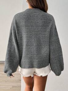 SHEIN 女款素色V領休閒百搭日常出遊長袖毛衣 - 深灰色 - 查看 3
