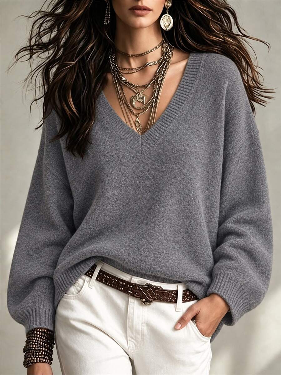 SHEIN 女款素色V領休閒百搭日常出遊長袖毛衣 - 深灰色 - 查看 1