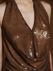 Anewsta Essential Fall/Winter Party Chic Top, Elegant Luxury Sequin Halter Draped Neck Backless Top, Suitable For Party, Banquet, Date And Multiple Occasions - Brown - View 9