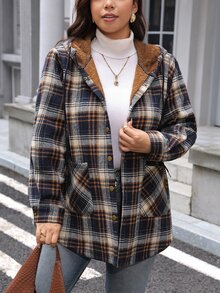 SHEIN LUNE Jaket Hoodie Wanita Plus Size Motif Kotak Kasual Serbaguna untuk Pemakaian Harian - MultiWarna - View 5