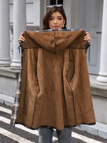 SHEIN LUNE Jaket Hoodie Wanita Plus Size Motif Kotak Kasual Serbaguna untuk Pemakaian Harian - MultiWarna - View 10