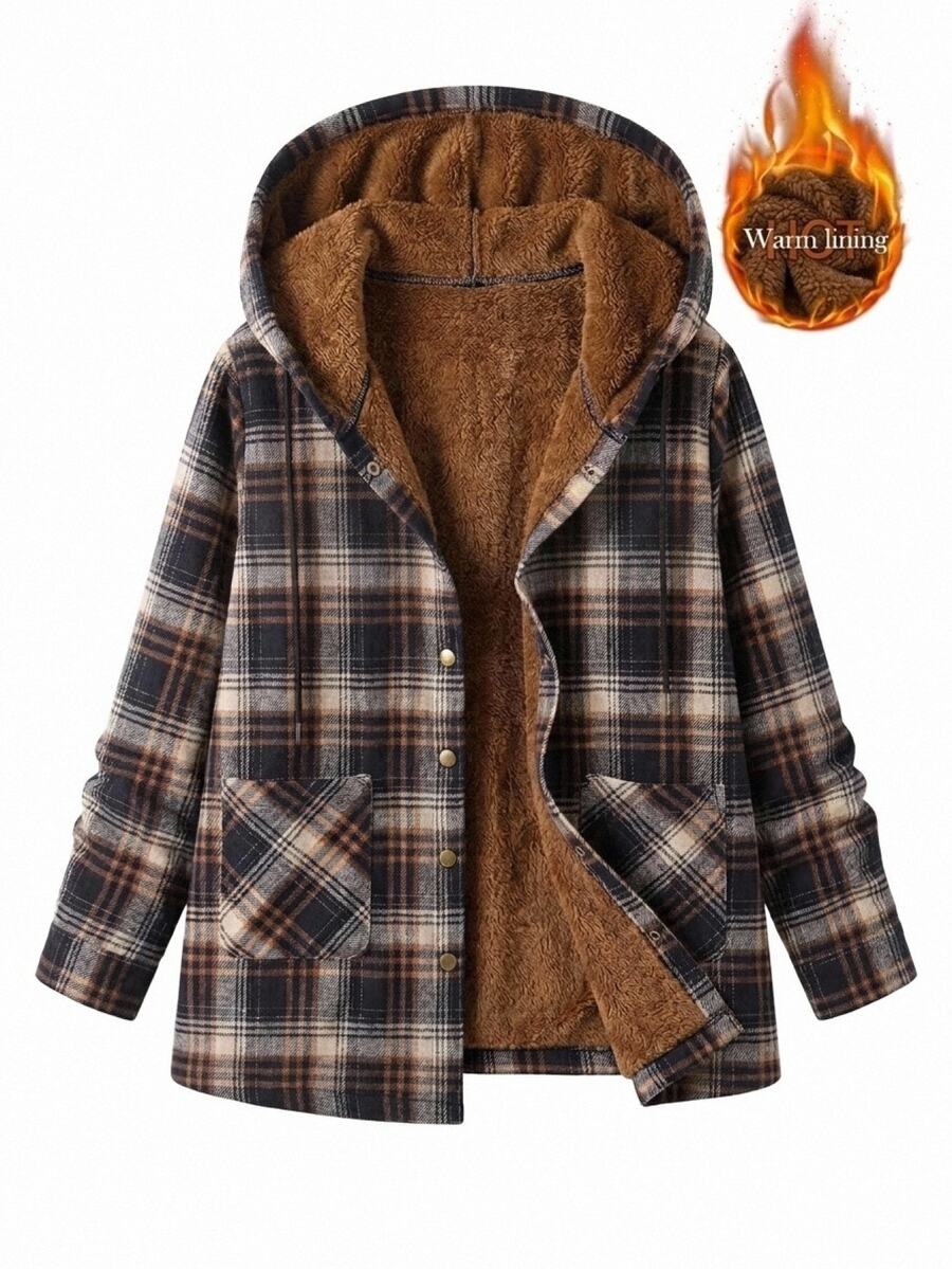 SHEIN LUNE Jaket Hoodie Wanita Plus Size Motif Kotak Kasual Serbaguna untuk Pemakaian Harian - MultiWarna - View 1