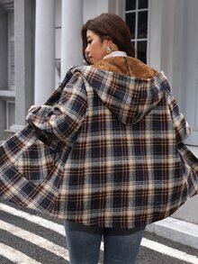 SHEIN LUNE Jaket Hoodie Wanita Plus Size Motif Kotak Kasual Serbaguna untuk Pemakaian Harian - MultiWarna - View 4
