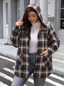 SHEIN LUNE Jaket Hoodie Wanita Plus Size Motif Kotak Kasual Serbaguna untuk Pemakaian Harian - MultiWarna - View 9