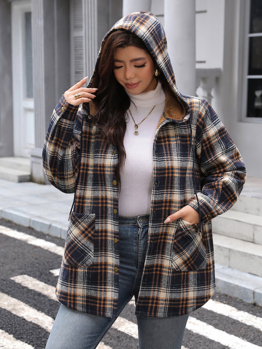 SHEIN LUNE 大尺碼女款格紋休閒百搭日常穿著連帽外套 - 彩色 - 查看 1