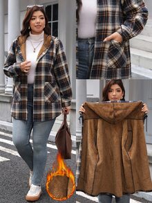 SHEIN LUNE Jaket Hoodie Wanita Plus Size Motif Kotak Kasual Serbaguna untuk Pemakaian Harian - MultiWarna - View 2