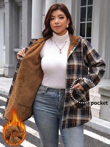 SHEIN LUNE Jaket Hoodie Wanita Plus Size Motif Kotak Kasual Serbaguna untuk Pemakaian Harian - MultiWarna - View 6