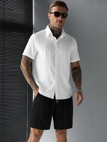 SLATEMANN Men's Summer Casual Vacation & Commute Textured Fabric Sequin Short Sleeve Shirt And Drawstring Waist Shorts Set - Multicolor - View 1