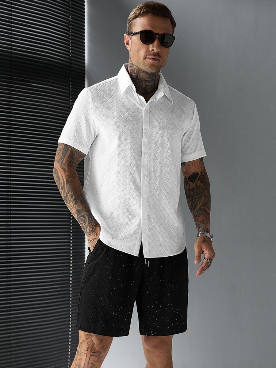 SLATEMANN Men's Summer Casual Vacation & Commute Textured Fabric Sequin Short Sleeve Shirt And Drawstring Waist Shorts Set - Multicolor - View 1