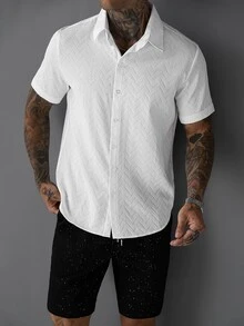 SLATEMANN Men's Summer Casual Vacation & Commute Textured Fabric Sequin Short Sleeve Shirt And Drawstring Waist Shorts Set - Multicolor - View 4