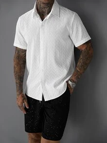 SLATEMANN Men's Summer Casual Vacation & Commute Textured Fabric Sequin Short Sleeve Shirt And Drawstring Waist Shorts Set - Multicolor - View 3