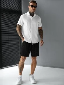 SLATEMANN Men's Summer Casual Vacation & Commute Textured Fabric Sequin Short Sleeve Shirt And Drawstring Waist Shorts Set - Multicolor - View 6