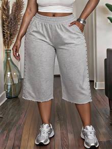 Slaydiva Celana Jogging Longgar Wanita Ukuran Plus Warna Abu-abu dengan Pinggang Elastis dan Detail Rivet, Gaya Kasual Jalanan untuk Wanita Berlekuk Tubuh di Musim Gugur/Musim Dingin - Grey - View 4