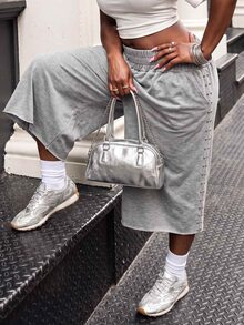 Slaydiva Celana Jogging Longgar Wanita Ukuran Plus Warna Abu-abu dengan Pinggang Elastis dan Detail Rivet, Gaya Kasual Jalanan untuk Wanita Berlekuk Tubuh di Musim Gugur/Musim Dingin - Grey - View 6